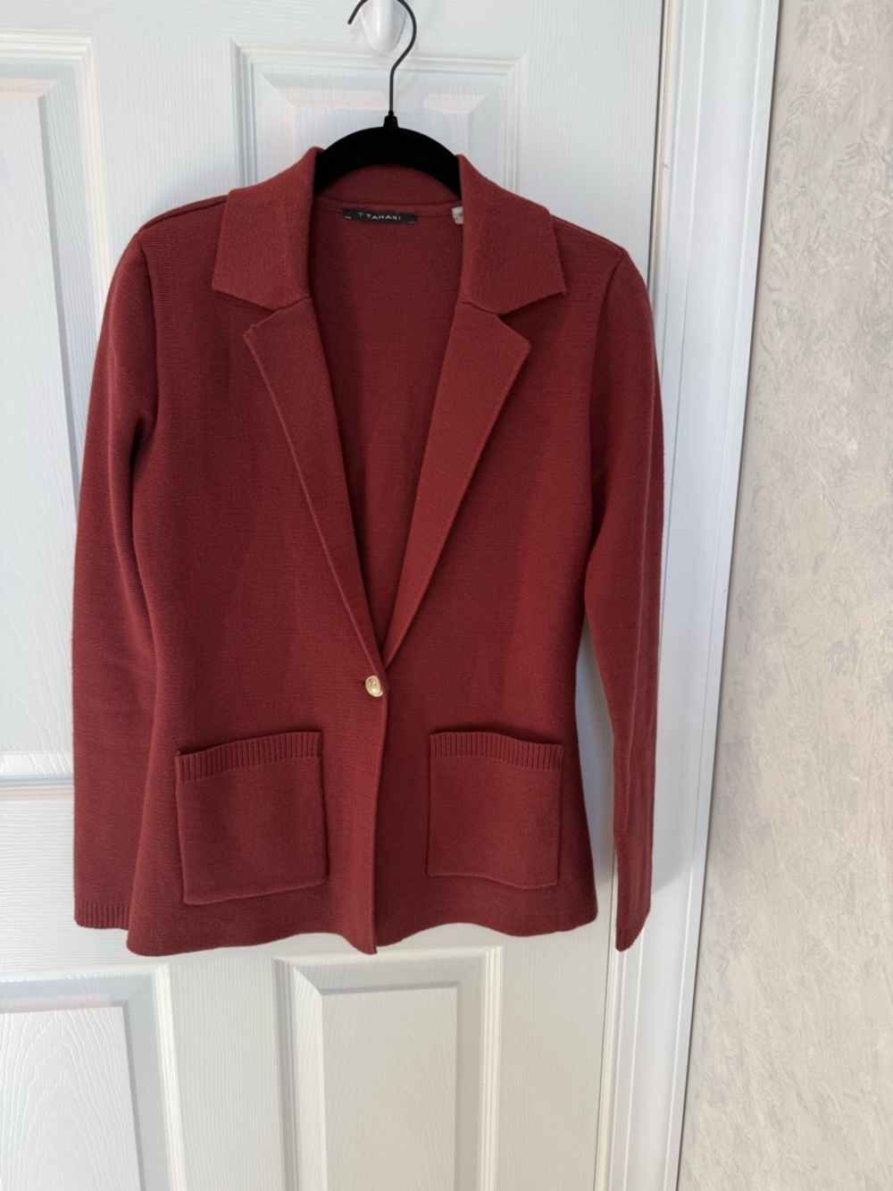 T Tahari Burgundy/Rust Knit Single-Button Blazer